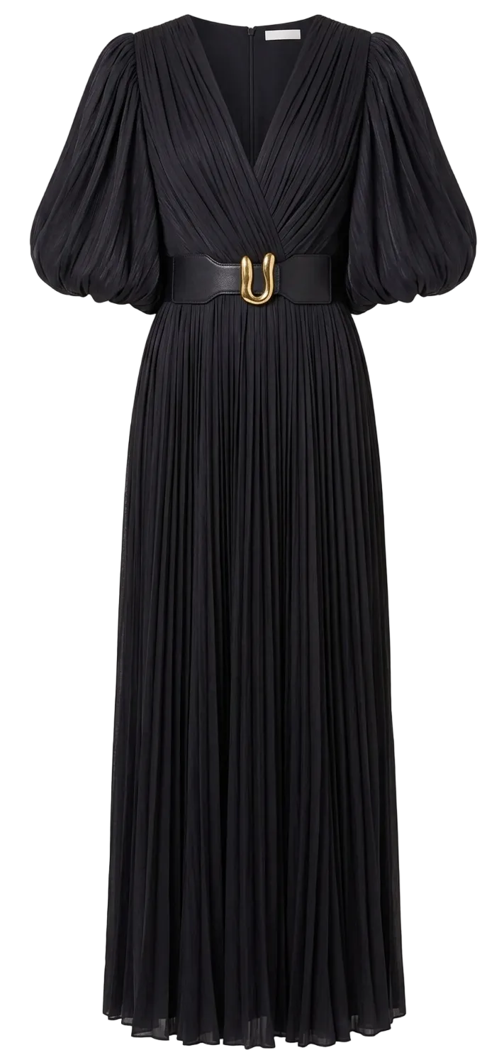 Mira Belted Metallic Plissé-Georgette Gown Dress