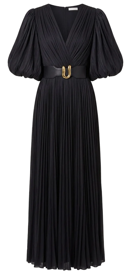 Mira Belted Metallic Plissé-Georgette Gown Dress