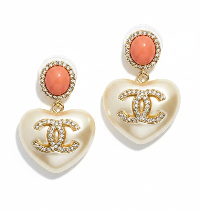 Chanel 21B Heart Pearl Crystal CC Logo Pink Dangle Earrings