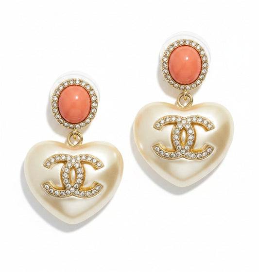 Chanel 21B Heart Pearl Crystal CC Logo Pink Dangle Earrings