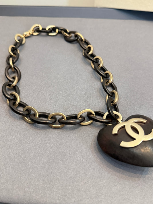Chanel Vintage Wooden CC Heart Pendant Necklace