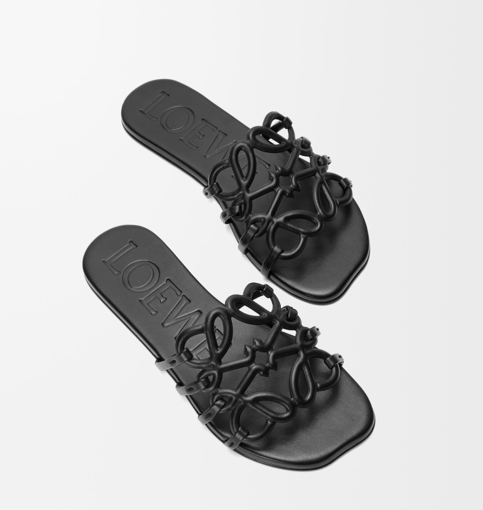 Loewe Petal Anagram Slide in Black Calfskin Leather