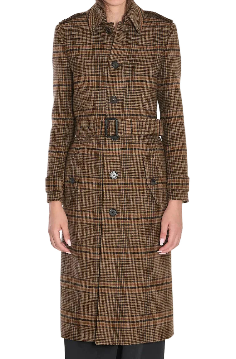 Prince of Wales check belted coat