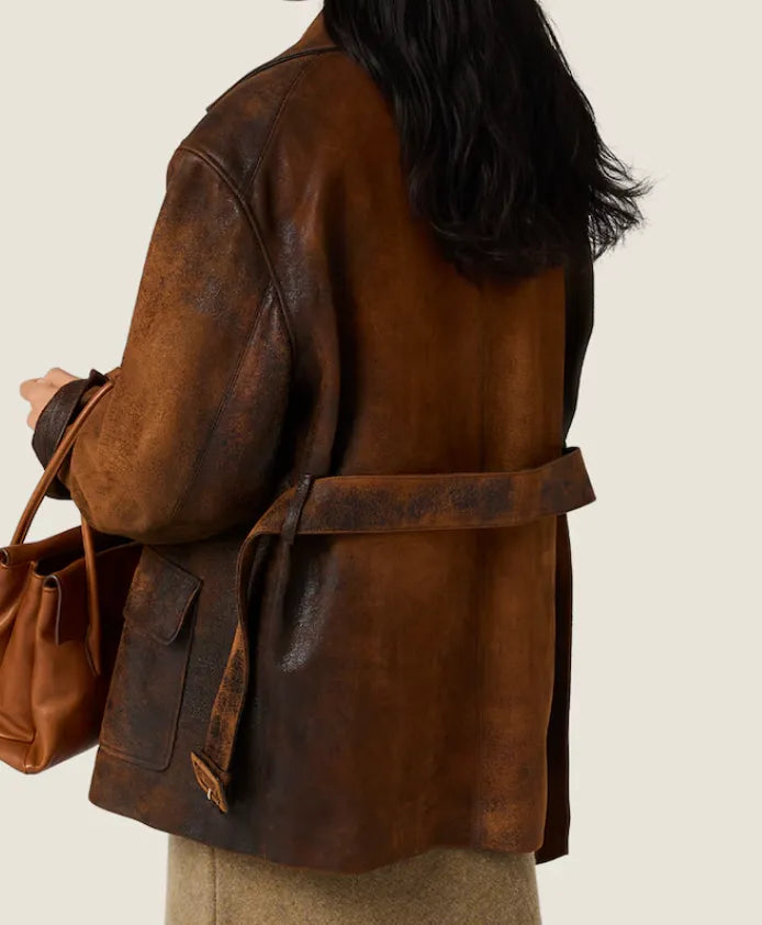 Double-breasted waxed suede caban jacket