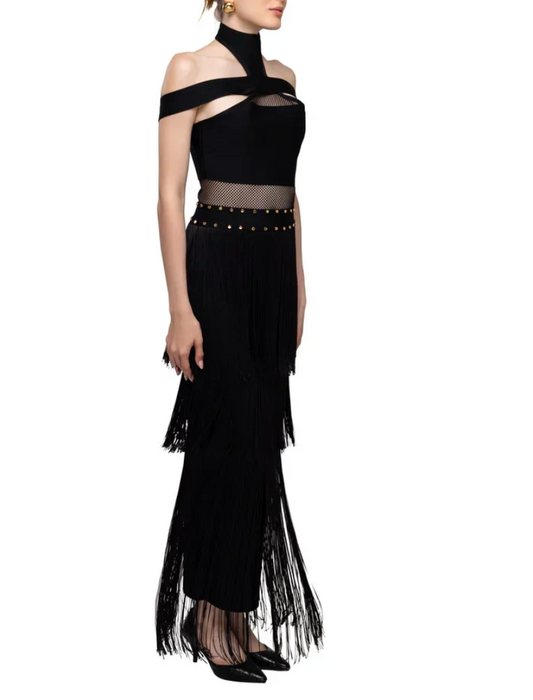 Poly Blend Long High Neck Off Shoulder Dress