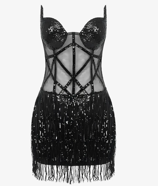 Black Sequin Fringe Mesh Corset Dress