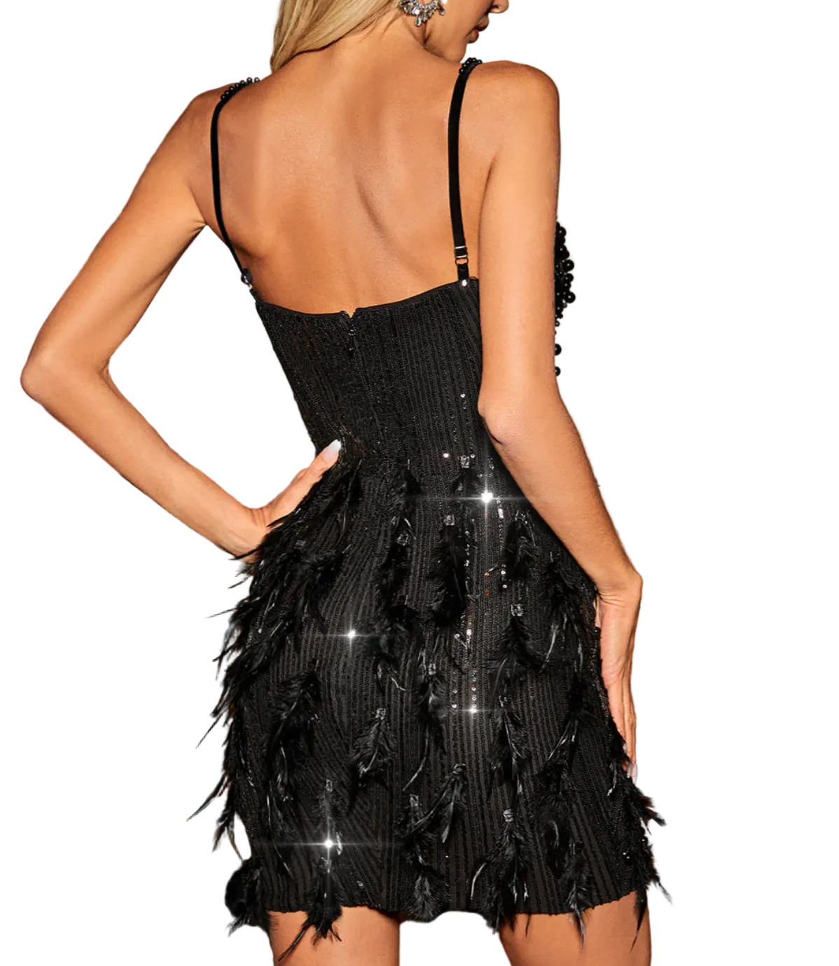 This is a black strappy feather mini dress with sequins