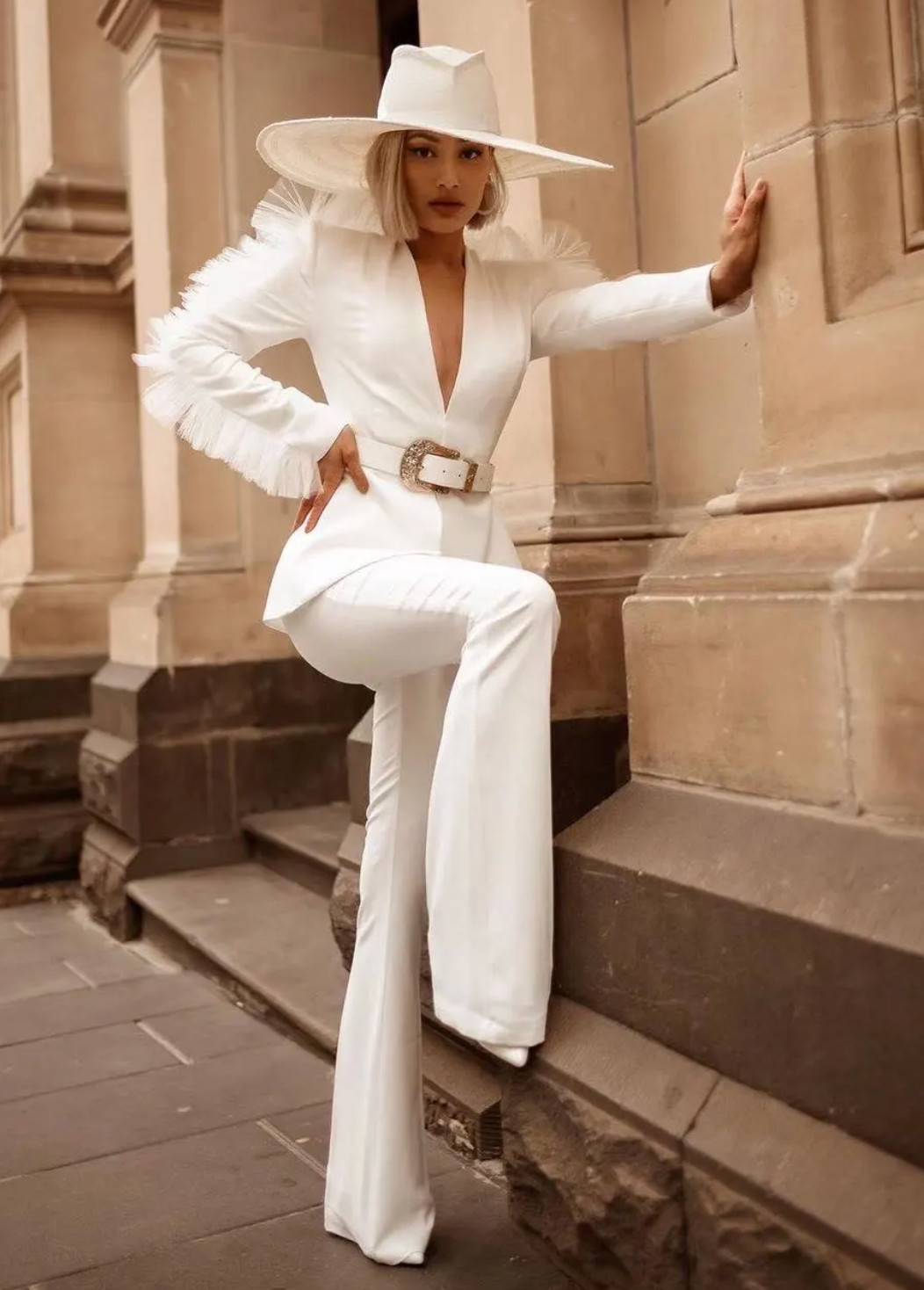 White Ruffle Blazer & Flared Pants