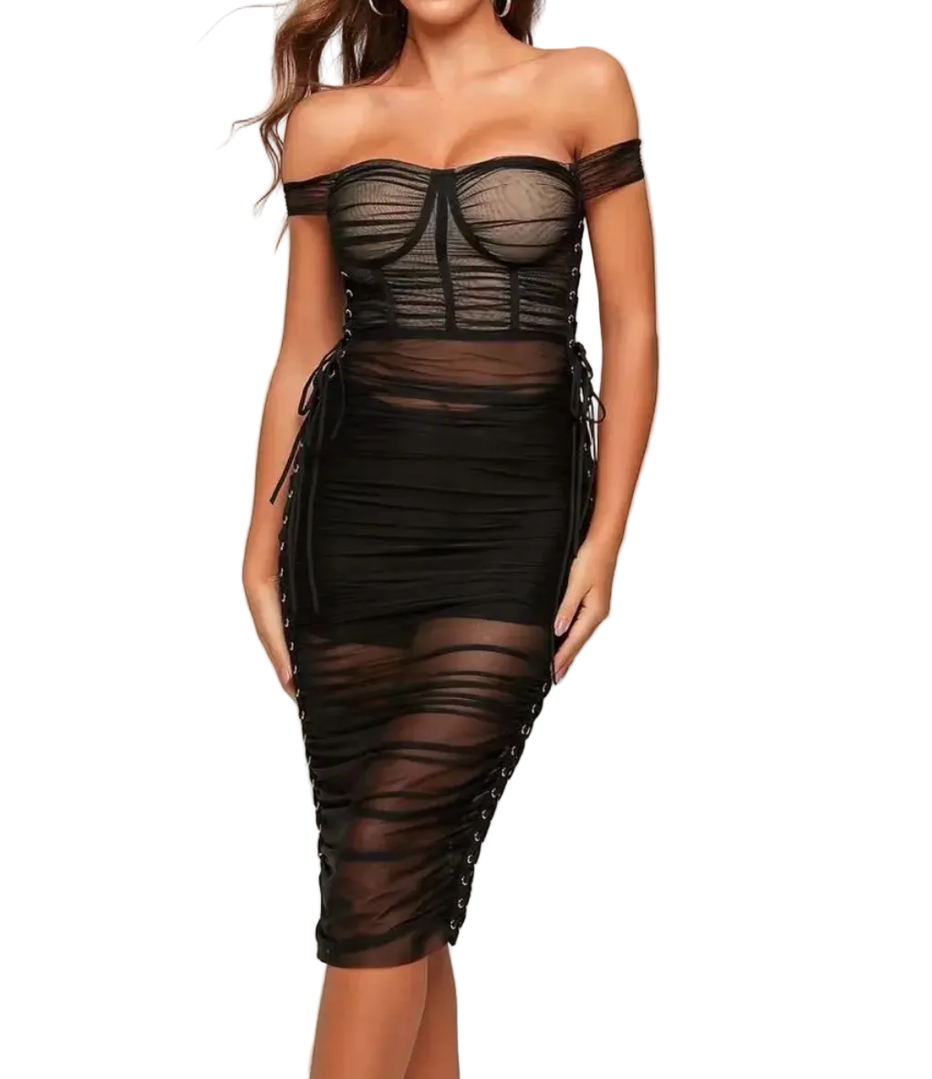 Bodycon, off-the-shoulder mesh midi dress