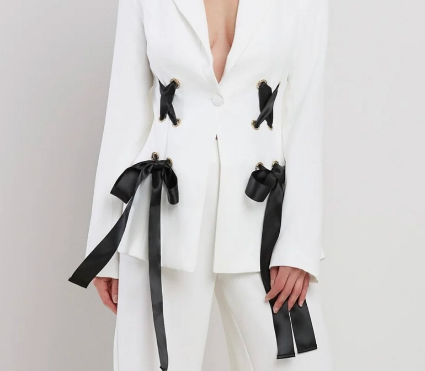 Star Ribbon Tie Blazer & Wide Leg Pant Set