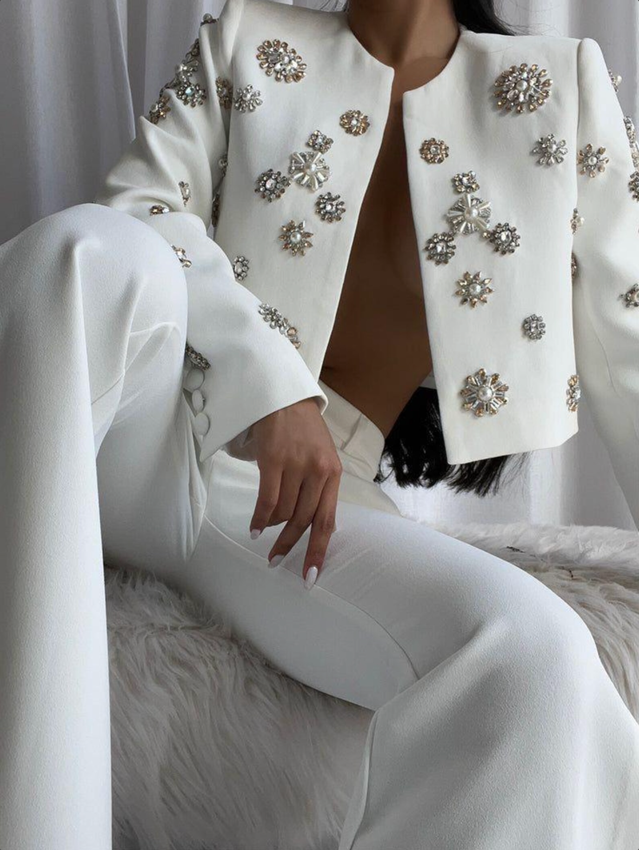 White Crystal Pearl Blazer Set