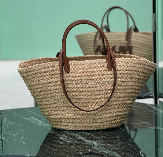 Prada Large Raffia and Leather Shopping Bag