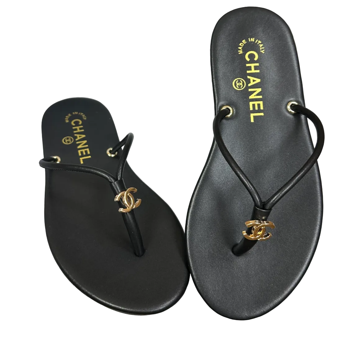 Chanel Crackled Laminated Calfskin Thong Flat Sandals