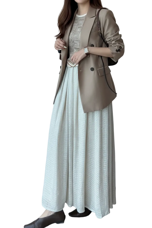 Long, beige textured maxi skirt