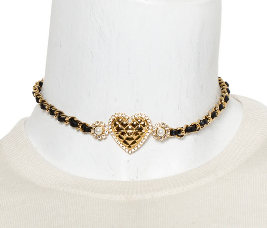 Heart Denim & Pearl Necklace/Choker