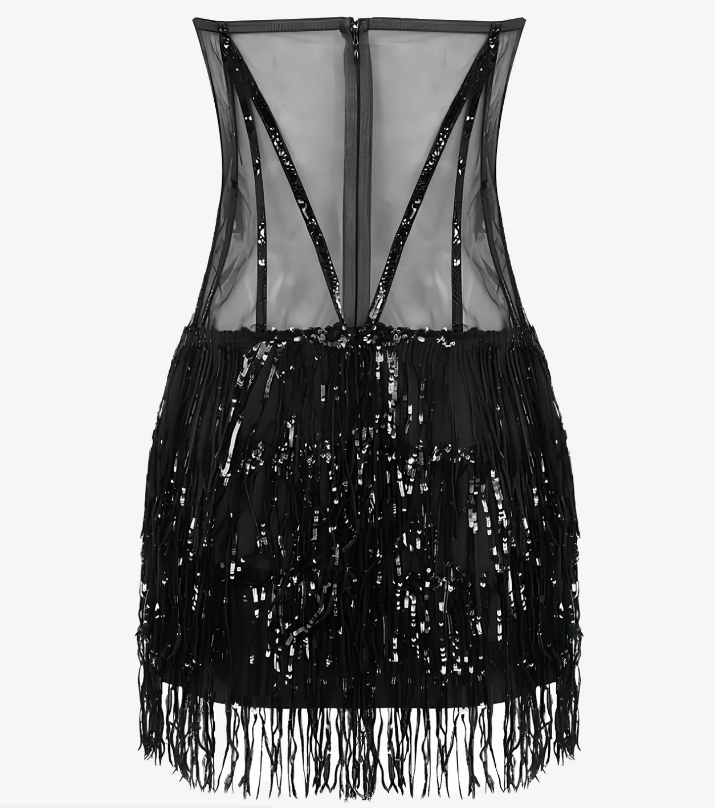 Black Sequin Fringe Mesh Corset Dress