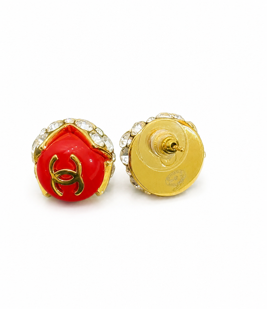 Vintage Chanel red resin and rhinestone CC earrings