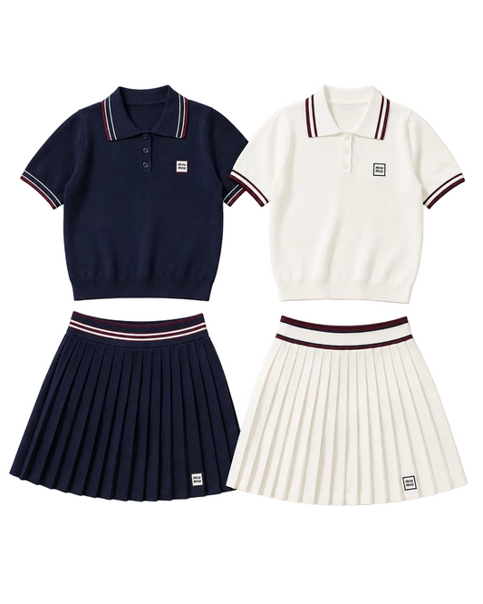 Miu Miu Preppy Sports Polo Shirt and Pleated Tennis Skirt Set