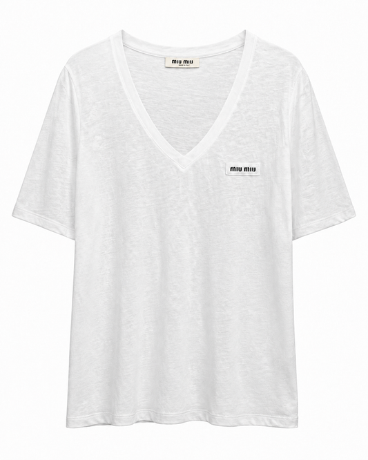 Miu Miu White V-Neck Logo T-Shirt