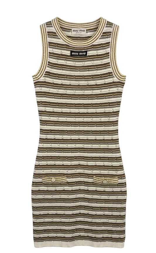 Miu Miu Striped Ribbed Logo Knit Mini Dress