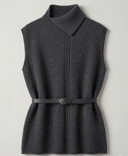 Sleeveless belted cardigan.