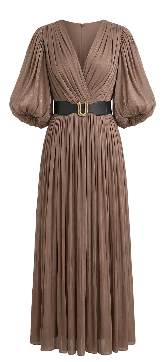 Mira Belted Metallic Plissé-Georgette Gown Dress