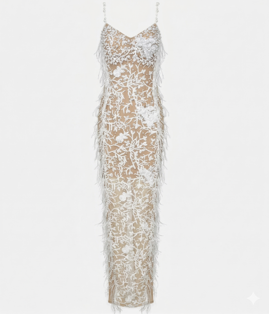 Pearl Studded Feather Mesh Sequined Maxi Dress