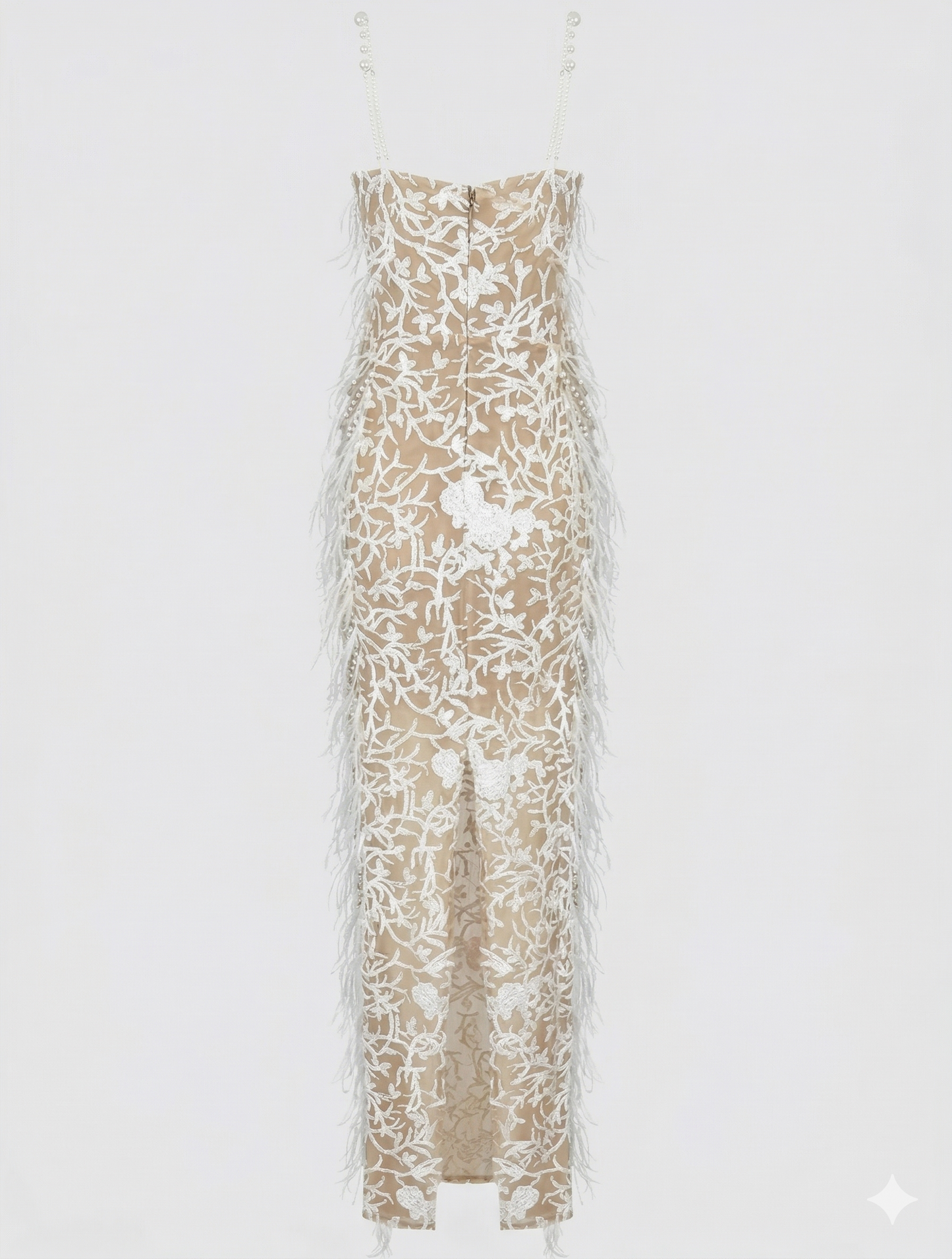 Pearl Studded Feather Mesh Sequined Maxi Dress