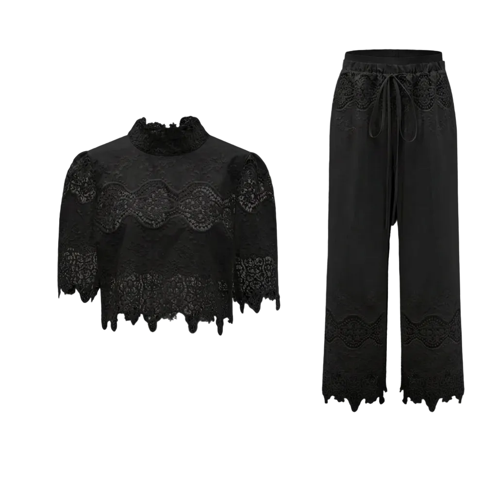 Lace-trim cropped top and pants set