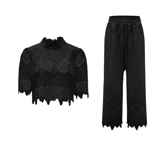 Lace-trim cropped top and pants set