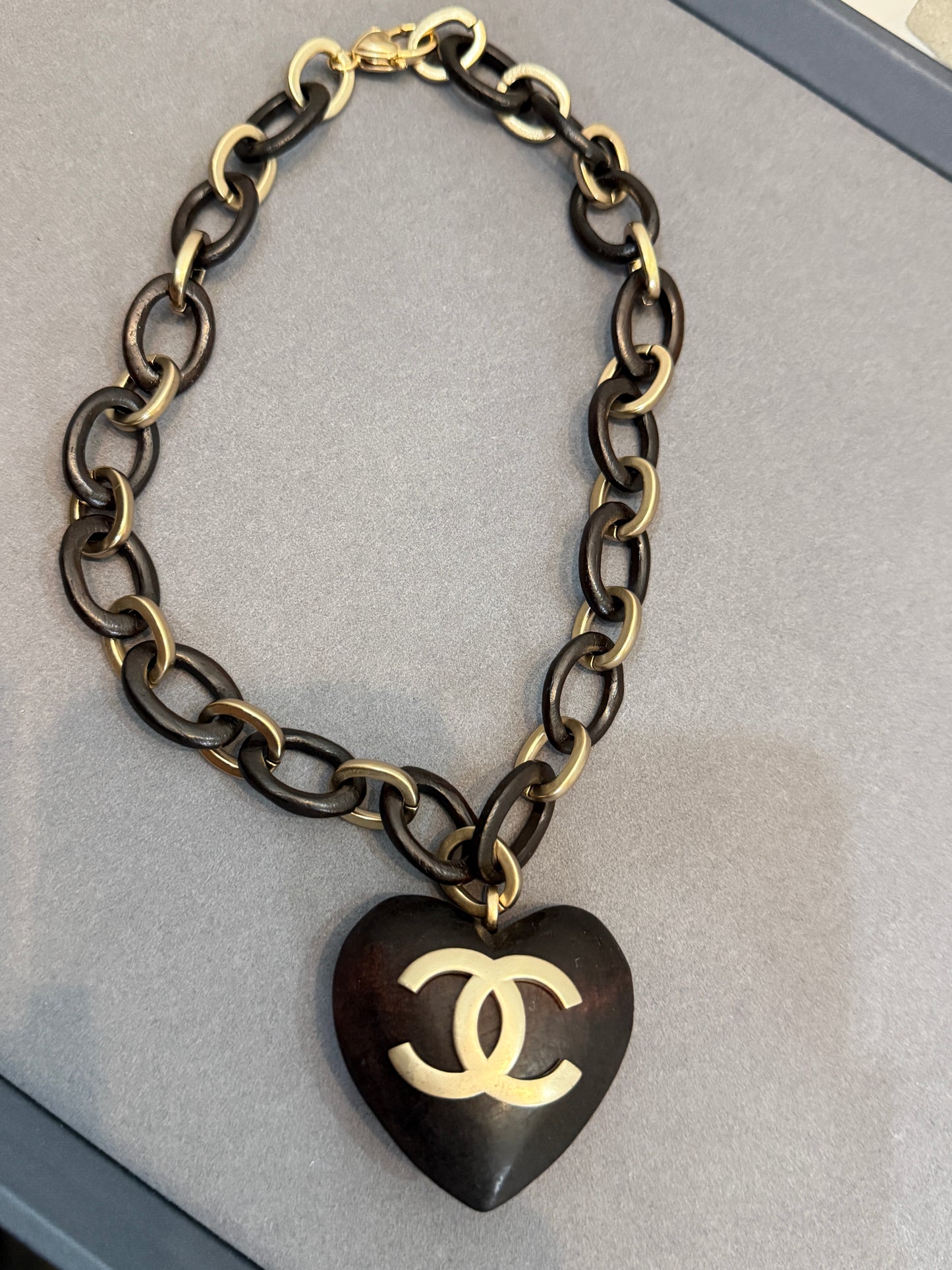 Chanel Vintage Wooden CC Heart Pendant Necklace