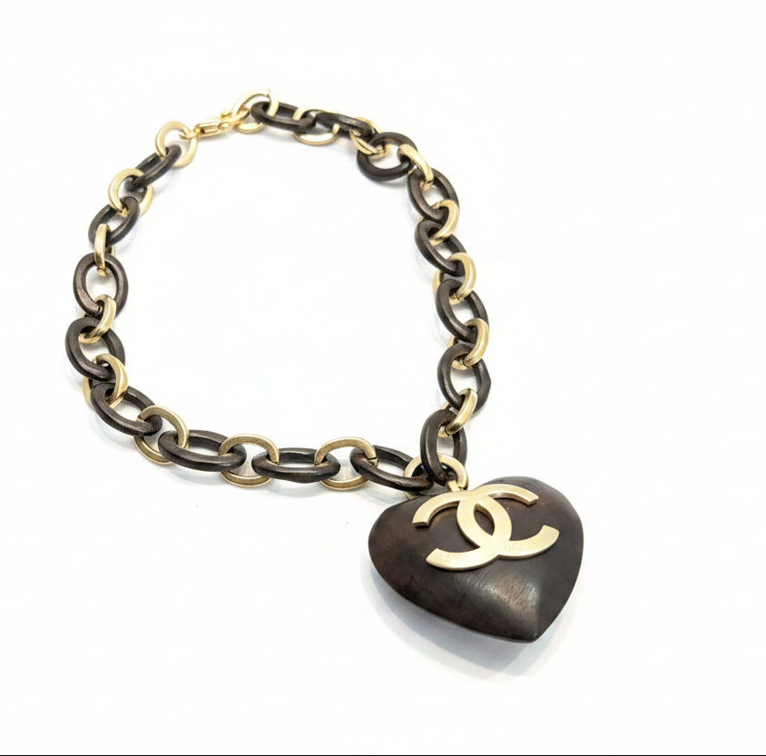 Chanel Vintage Wooden CC Heart Pendant Necklace