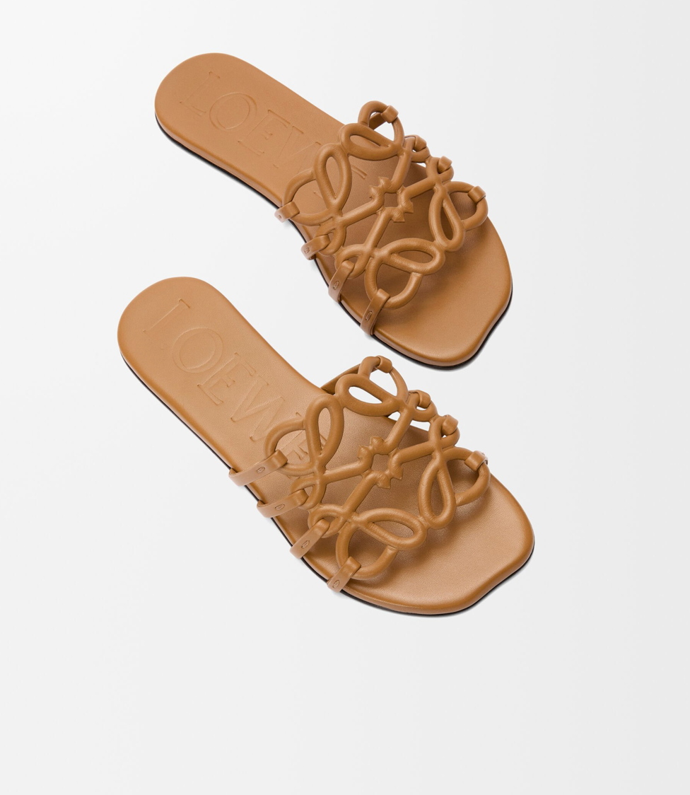 Loewe Petal Anagram Slide in Camel Calfskin Leather