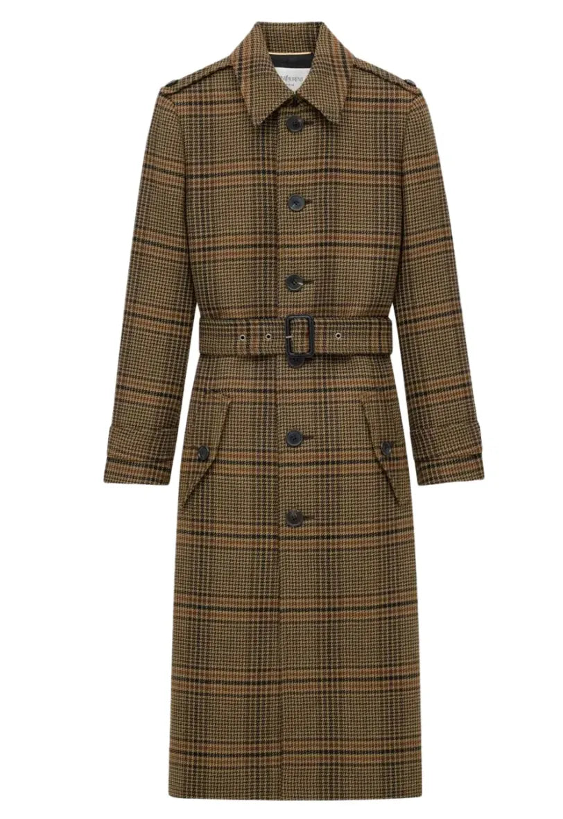 Prince of Wales check belted coat