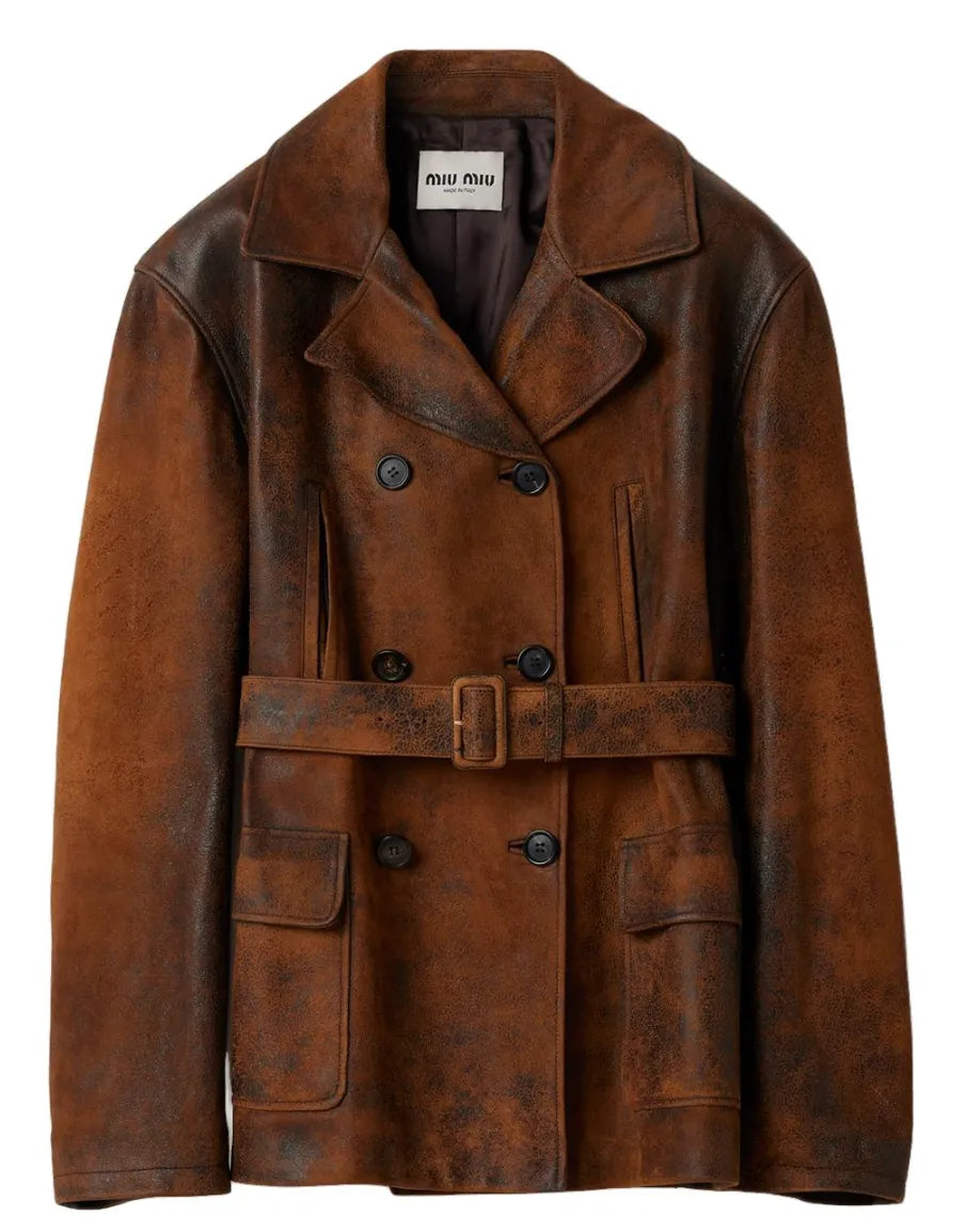 Double-breasted waxed suede caban jacket