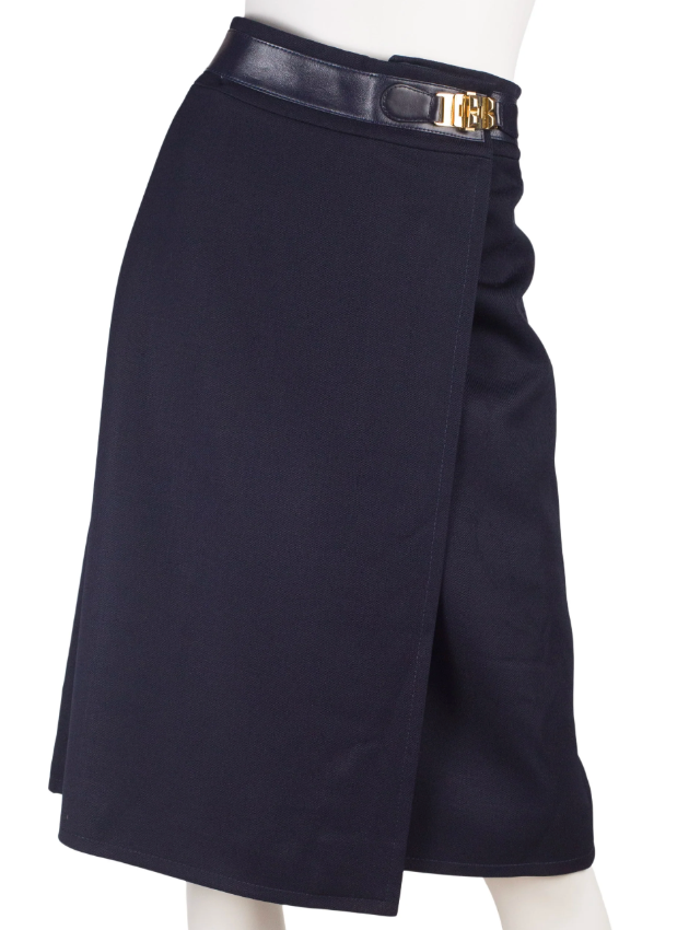 Céline 1970s Wool & Leather Wrap Skirt