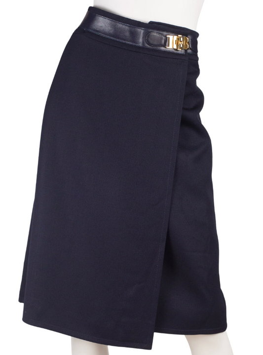 Céline 1970s Wool & Leather Wrap Skirt