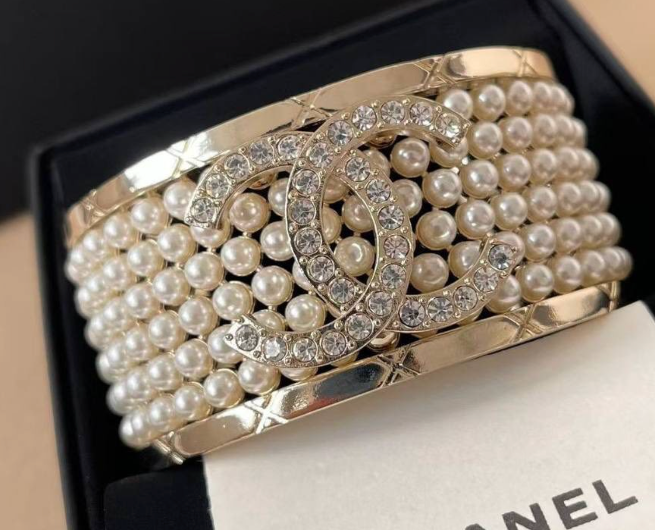 Chanel Gold Tone Crystal and Pearl Cuff Bangle