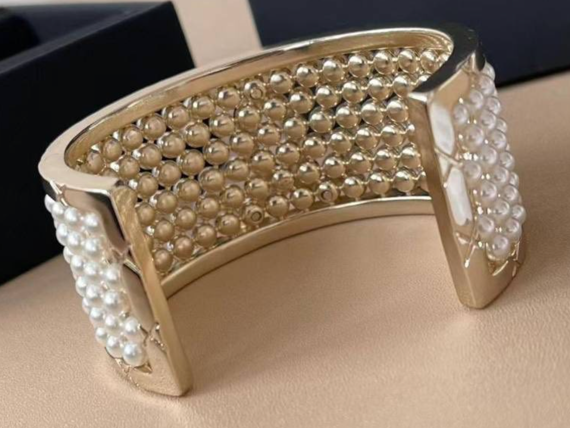 Chanel Gold Tone Crystal and Pearl Cuff Bangle