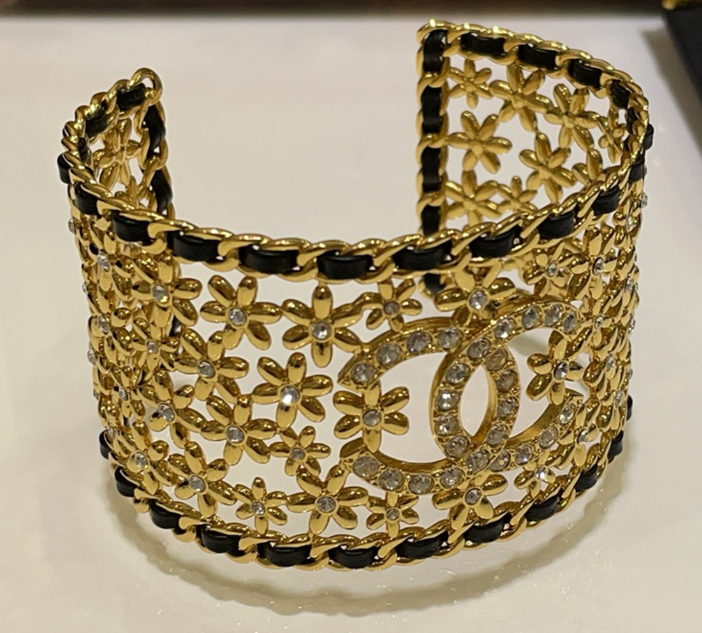 CHANEL CC Flower Motif Rhinestone Cuff Bracelet