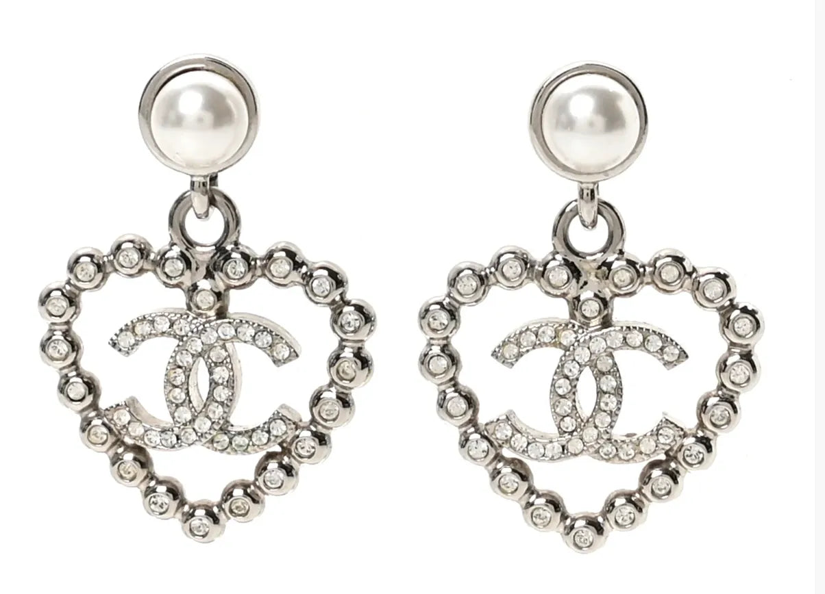 Pearl Crystal CC Heart Drop Earrings Silver