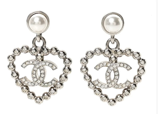 Pearl Crystal CC Heart Drop Earrings Silver