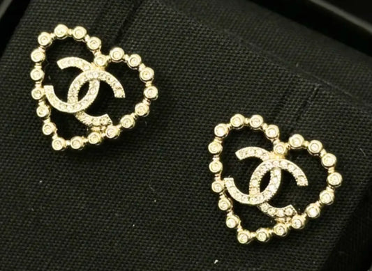 Chanel Coco Mark Heart Rhinestone Stud Earrings