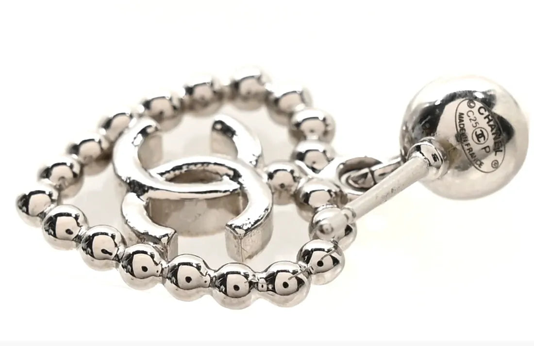 Pearl Crystal CC Heart Drop Earrings Silver