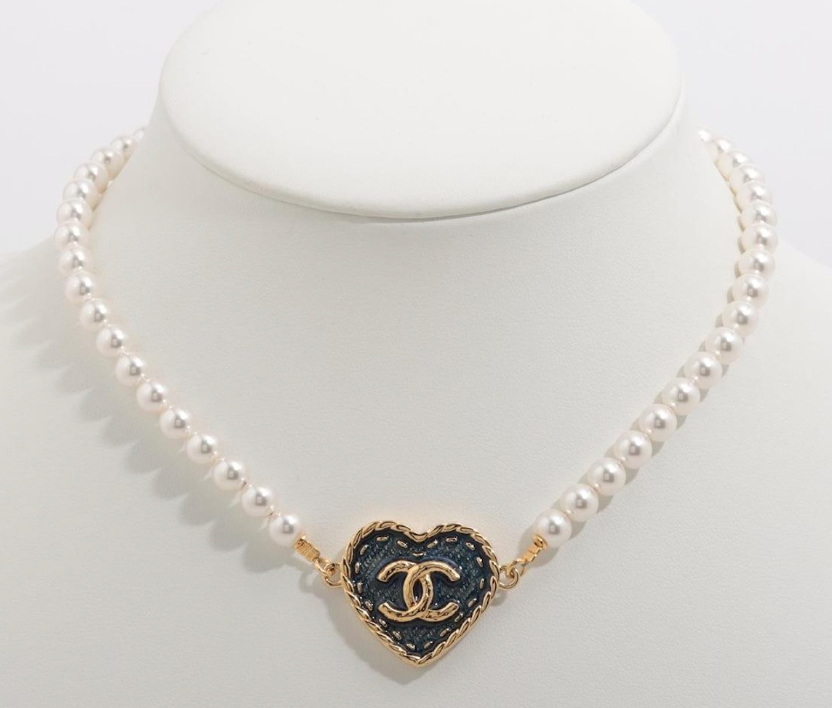 Chanel 24P CC Metal Denim Heart and Pearls Necklace.