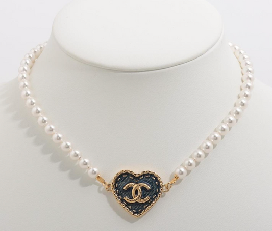 Chanel 24P CC Metal Denim Heart and Pearls Necklace.
