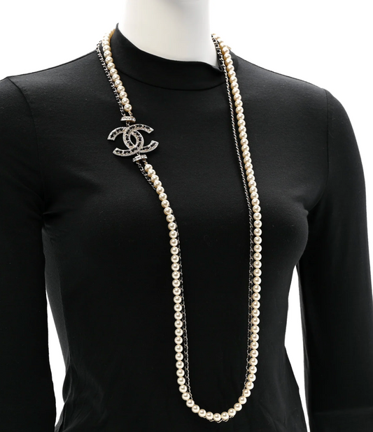 Chanel Lambskin Pearl Crystal CC Multi Strand Necklace