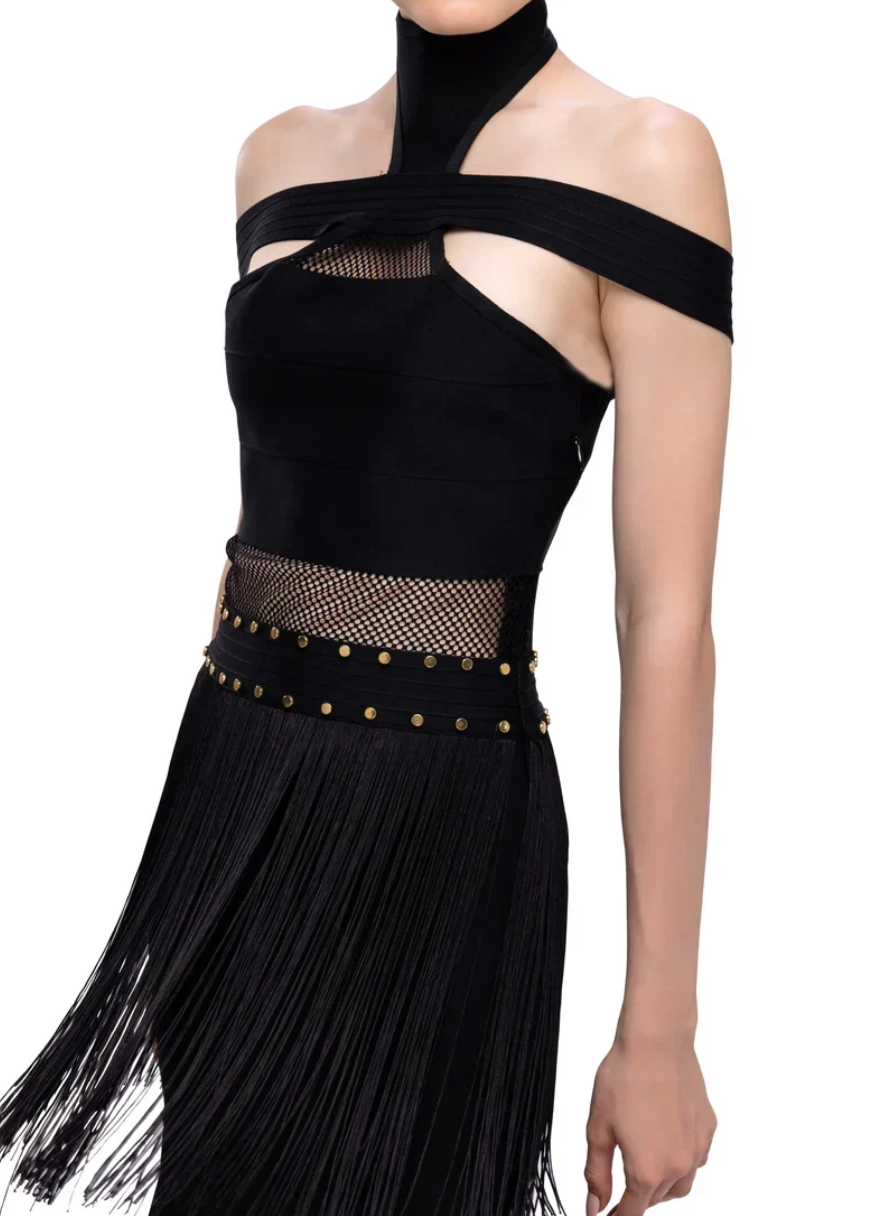 Poly Blend Long High Neck Off Shoulder Dress