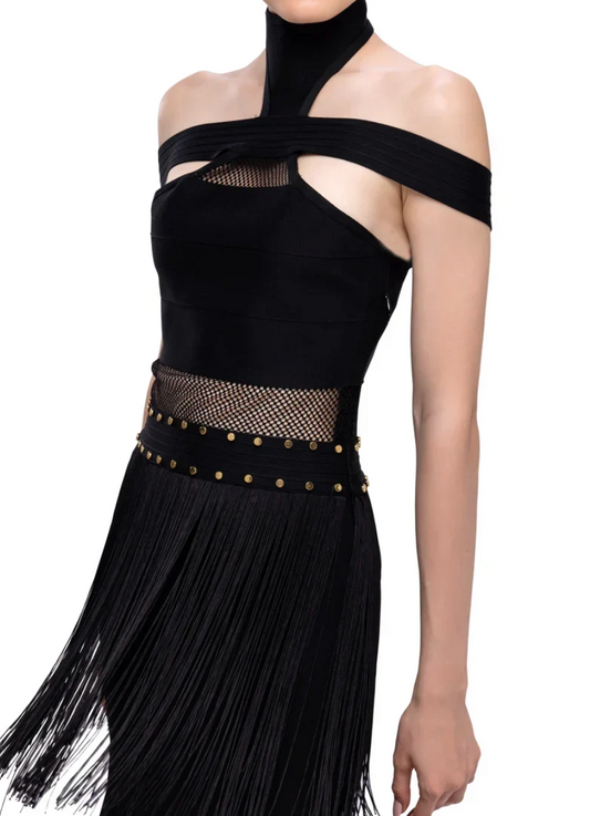 Poly Blend Long High Neck Off Shoulder Dress