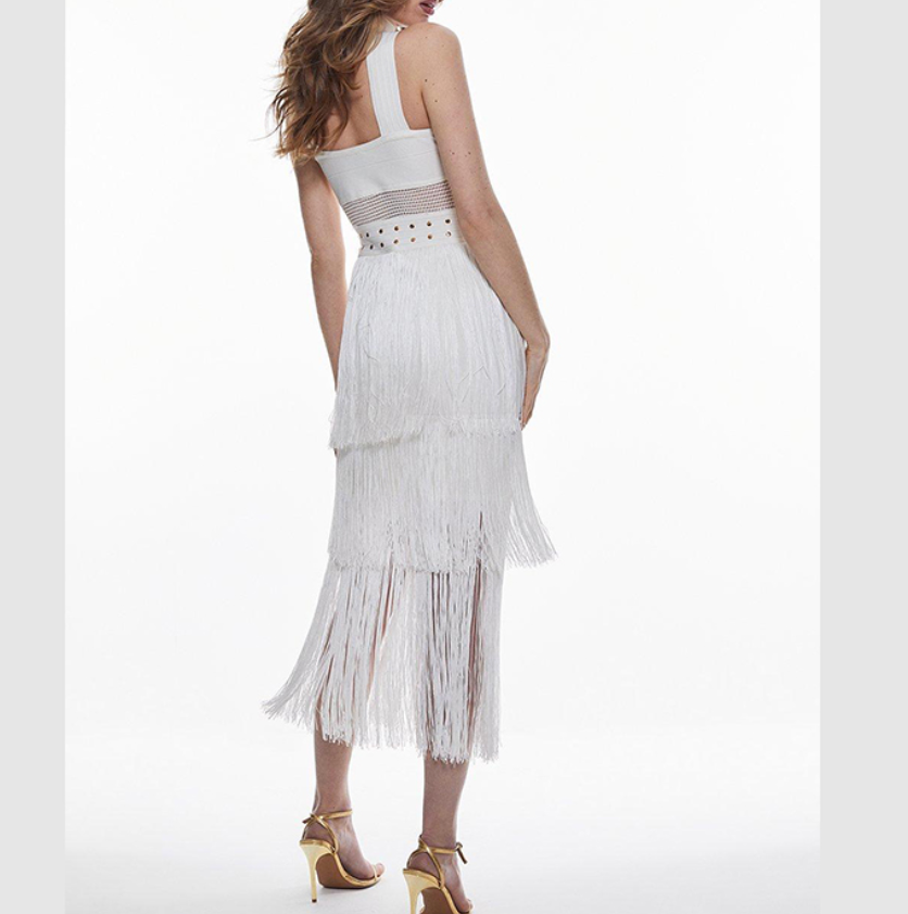 Cut Out Halter Fringed Bandage Dress
